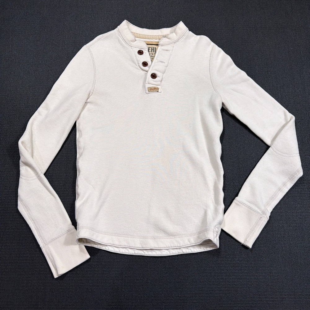 RUEHL No. 925 Long Sleeve Fleece Lined Henley Size Small Elbow Patches Cream